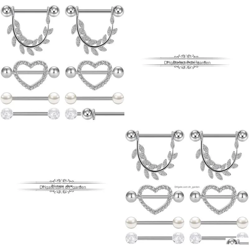 4 pairs nipple tongue ring piercing body jewelry barbell cubic zirconia leaf heart shape rings for women girls