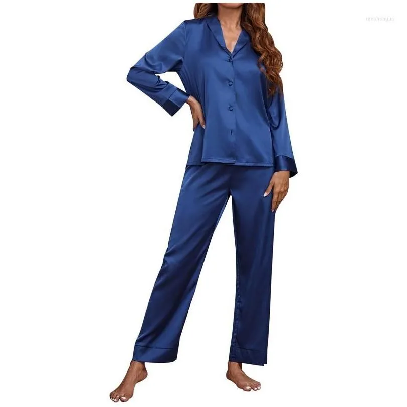 Women`S Sleepwear Womens Sleepwear Women Silk Pajamas Set Solid Color Pijamas Female Summer Nightwear Pyjama 2 Piece Sets Satin Faux H Dhcxe