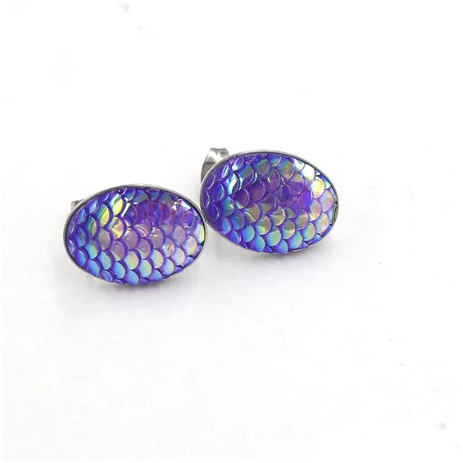 13x18mm oval mermaid fish scale stud earrings stainless steel earings drusy druzy earrings jewelry women party gift dress candy colors