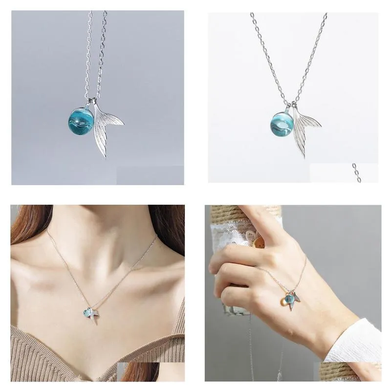 aquamarine mermaid foam necklace s925 silverfish plated crystal pendant female clavicle chain