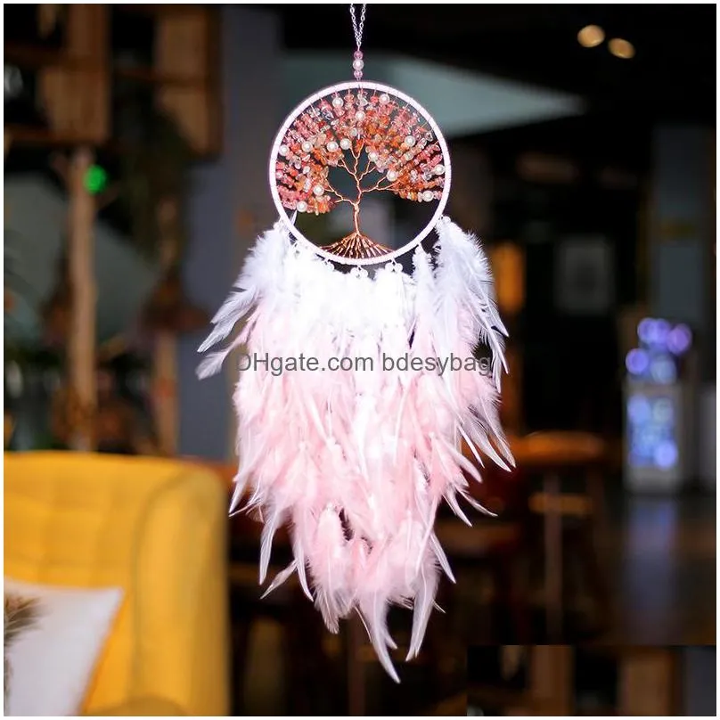 decorative figurines objects tree of life dream catcher handmade feather purple pink catchers for kids girls room decoration home decor