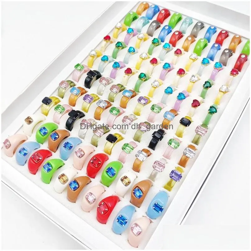 25pcs/lot trendy acrylic resin crystal rings for women transparent colorful girl finger band party gift jewelry