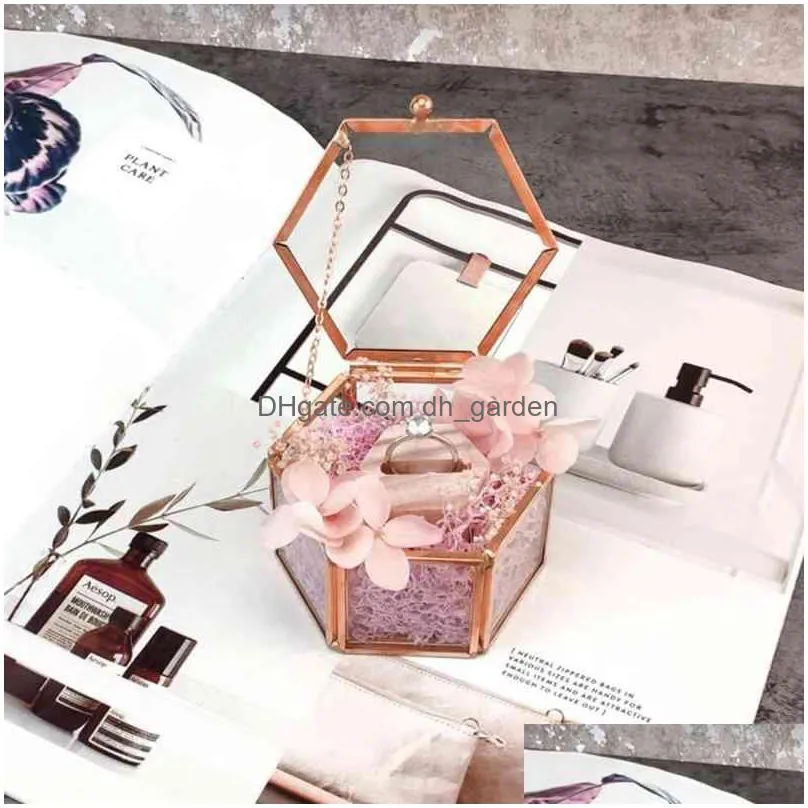 87hc hexagon transparent rose gold wedding ring geometric clear glass jewelry box organizer tabletopholder