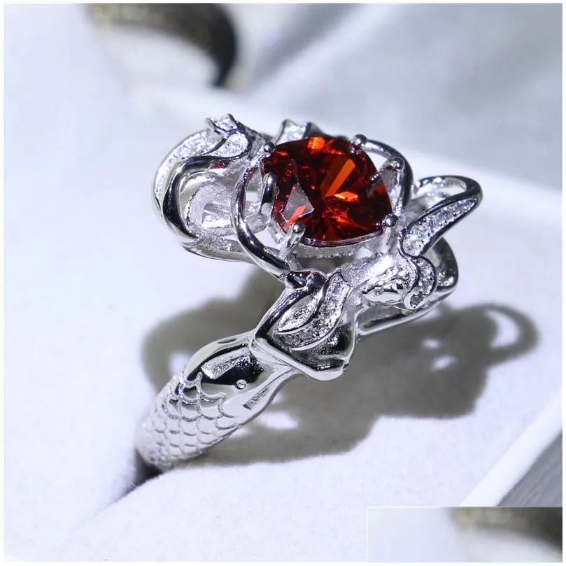 handmade 925 sterling silver fashion engagement wedding band ring princess cut red cz mermaid shape finger rings for women fine