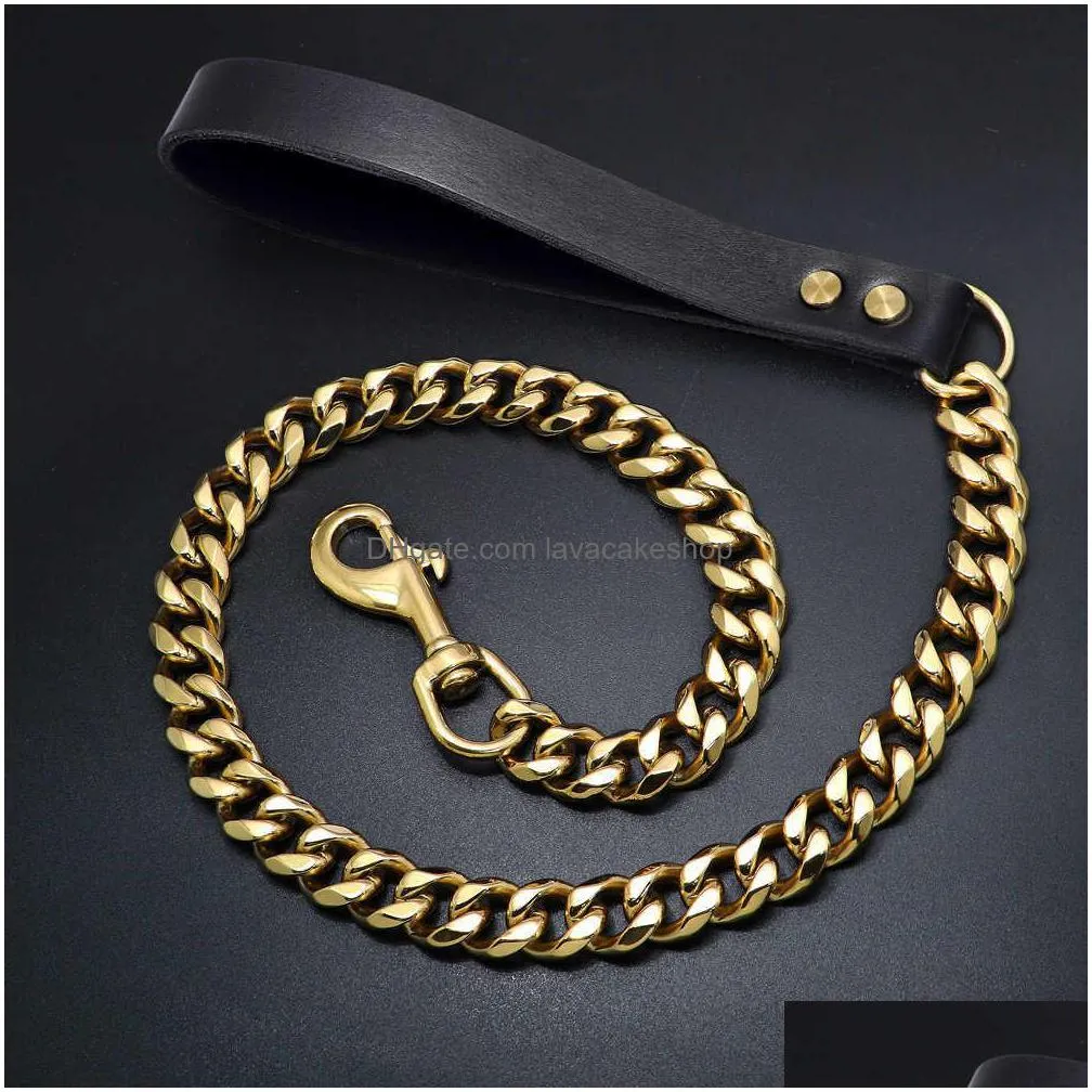 304 stainless steel dog chain collar and leash super strong dog metal collar choke silver gold pet lead rope for party show x0703