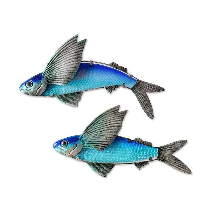 garden decorations 2pcs metal flying fish wall decor sculpture coastal art hanging glass for indoor bathroom outdoor beach living