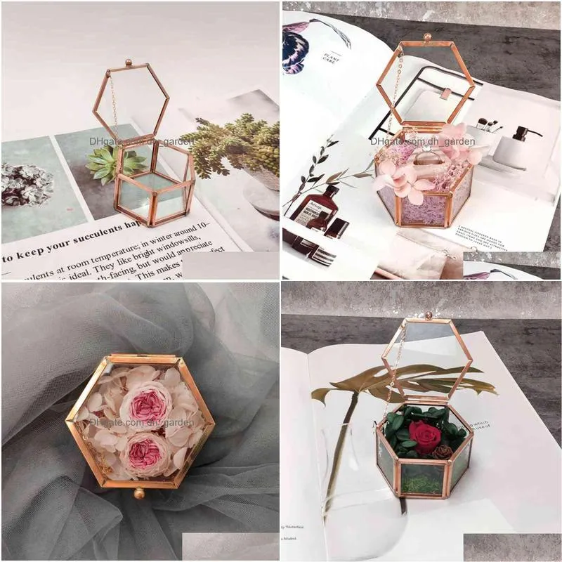 87hc hexagon transparent rose gold wedding ring geometric clear glass jewelry box organizer tabletopholder