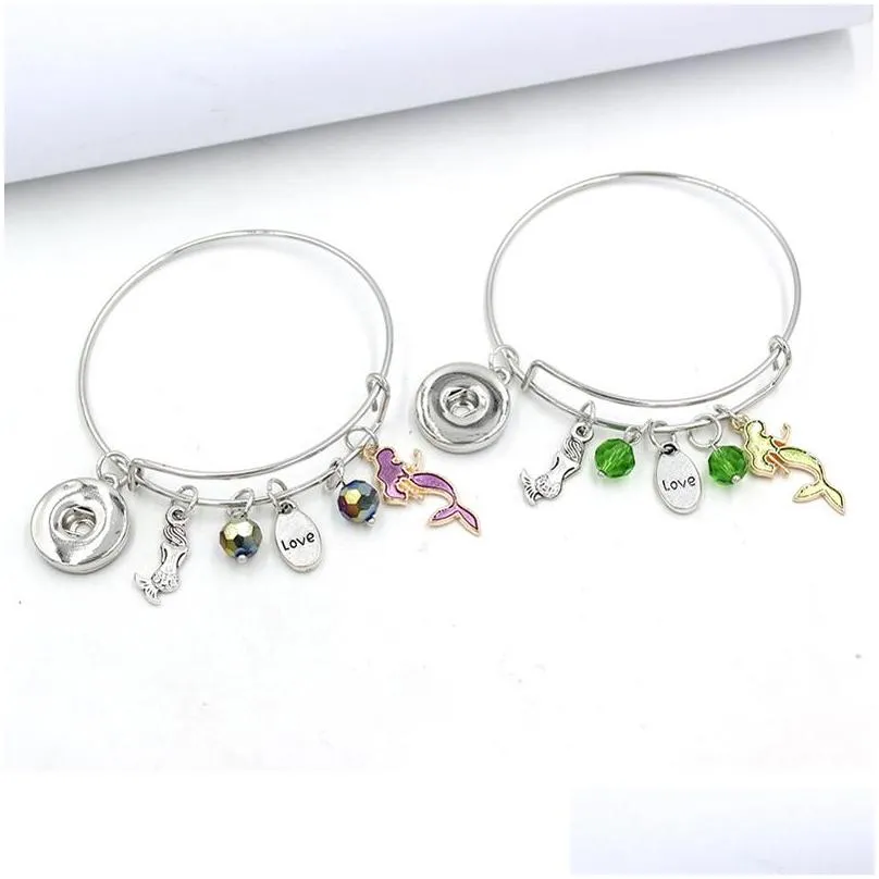 wholesale arrival mermaid bracelets for women gift interchangebale snap jewelry expandable wire bracelet with liobonar snap buttons charms