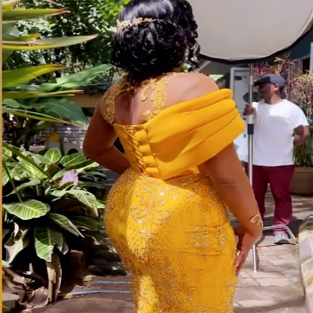 2023 Nov Aso Ebi Arabic Yellow Mermaid Prom Dress Beaded Sequined Lace Evening Formal Party Second Reception Birthday Engagement Gowns Dresses Robe De Soiree ZJ339