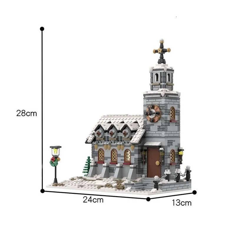 blocks winter village church building block kit city street snow house modular architecture brick model toy for kids christmas gifts