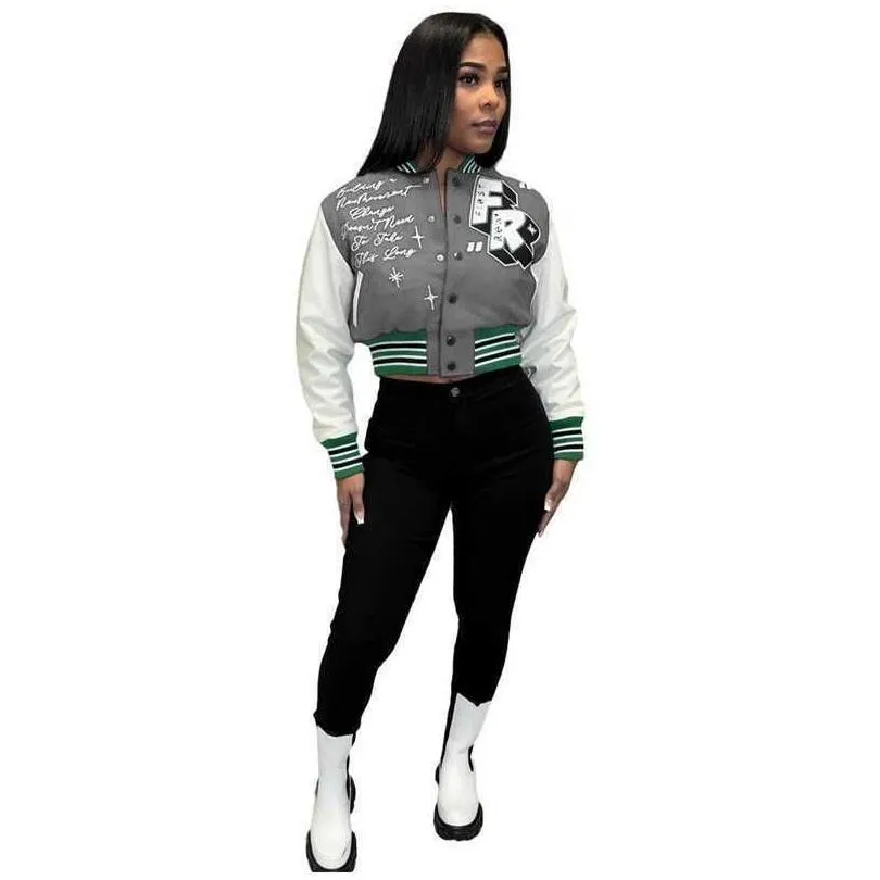 Women`S Jackets Womens Fashion Letter Print Double Threaded Baseball Jacket Varsity Coat Desinger Women Cropped Work Button Letterman Dhqfc