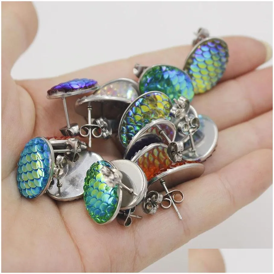 13x18mm oval mermaid fish scale stud earrings stainless steel earings drusy druzy earrings jewelry women party gift dress candy colors