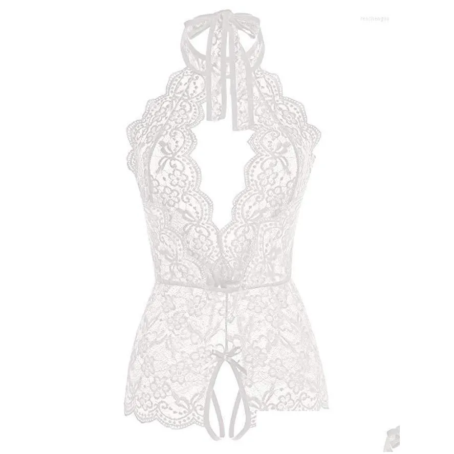 Women`S Sleepwear Womens Sleepwear Women Deep V Open Erotic Lingerie Lace Transparent Bra Set Y Costumes Crotchless Bodysuit Female Un Dhbko