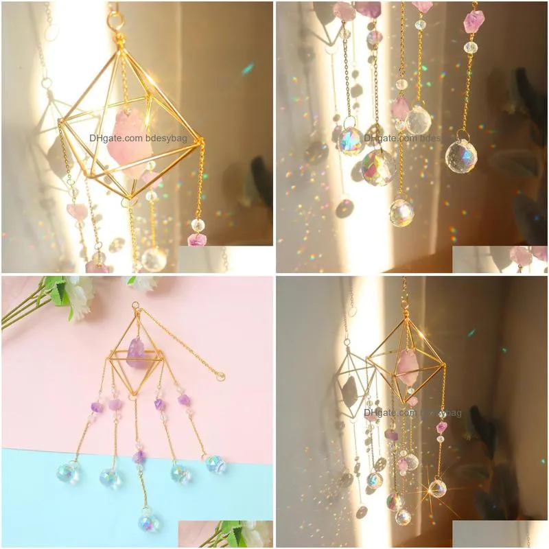 garden decorations crystal light catching jewelry pendant wind chime diamond ab colored lighting ball bead frame natural stone