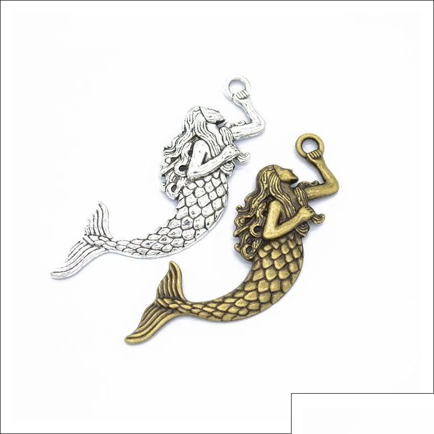 wholesale tibetan silver bronze big mermaid seamaid zinc alloy charms pendant jewelry making diy findings 76x26mm