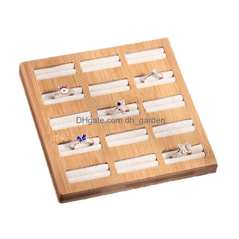 15 grids storage tray bamboo pu/velvet jewelry rings organizer rack display showcase shelf