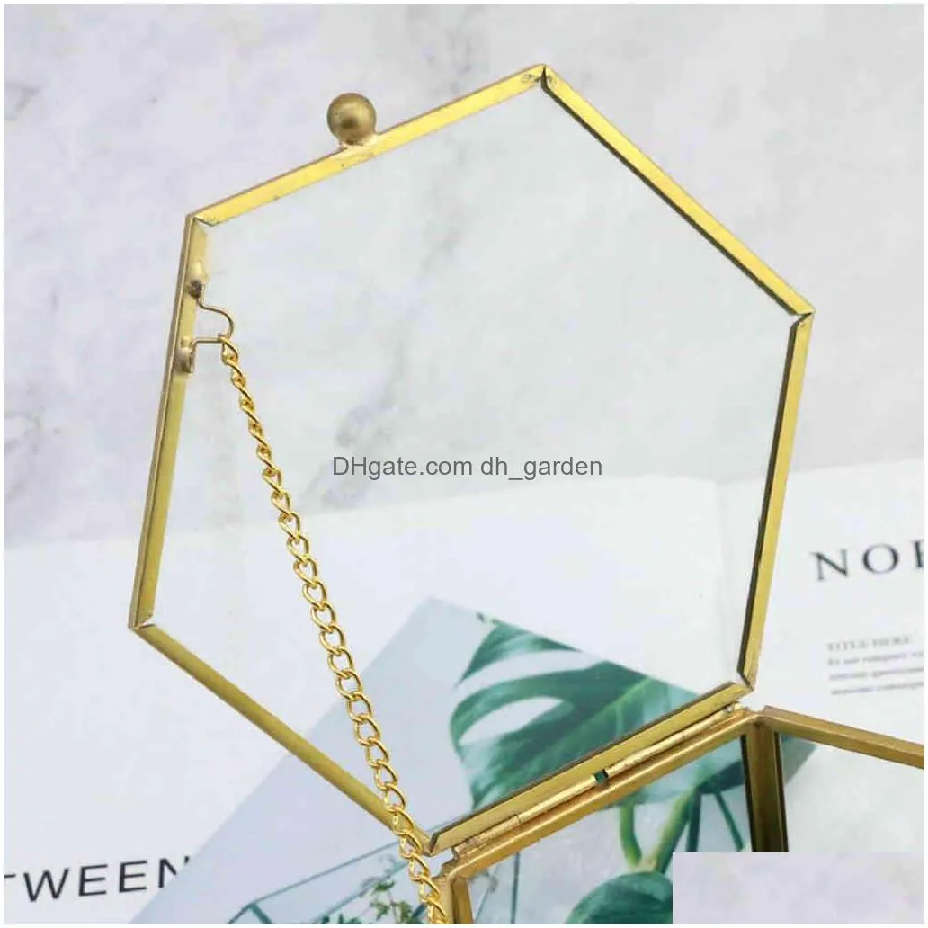 vintage minimalist jewelry golden metal frame clear glass with lids hinge chains decorative storage box display case for kee