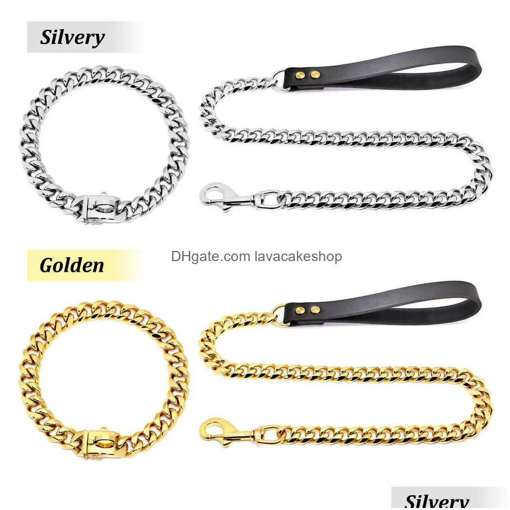 304 stainless steel dog chain collar and leash super strong dog metal collar choke silver gold pet lead rope for party show x0703