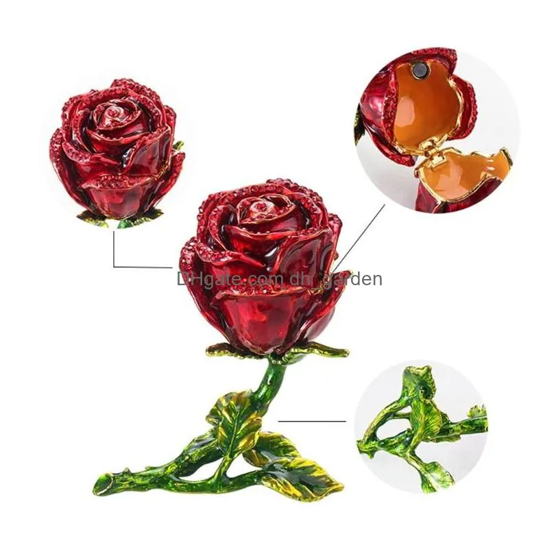 creative alloy rose flower jewelry storage box faux diamond rings earrings case b36d