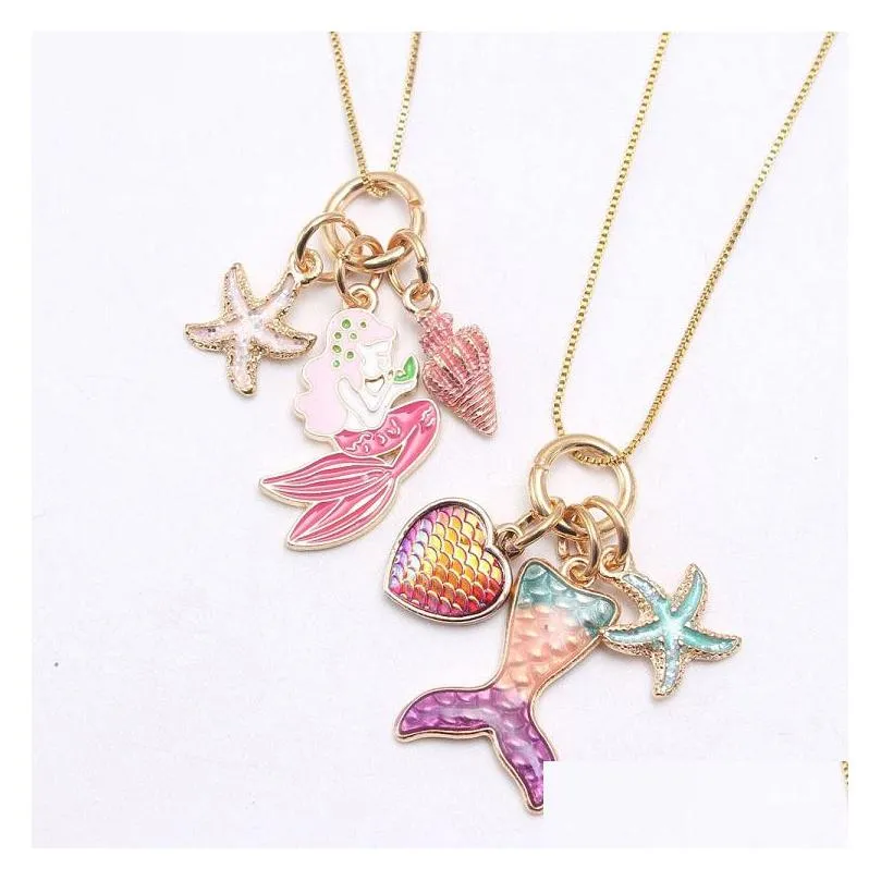 2 colors kids jewelry mermaid starfish pendant necklace children girl long chain necklaces for girls gift m3901