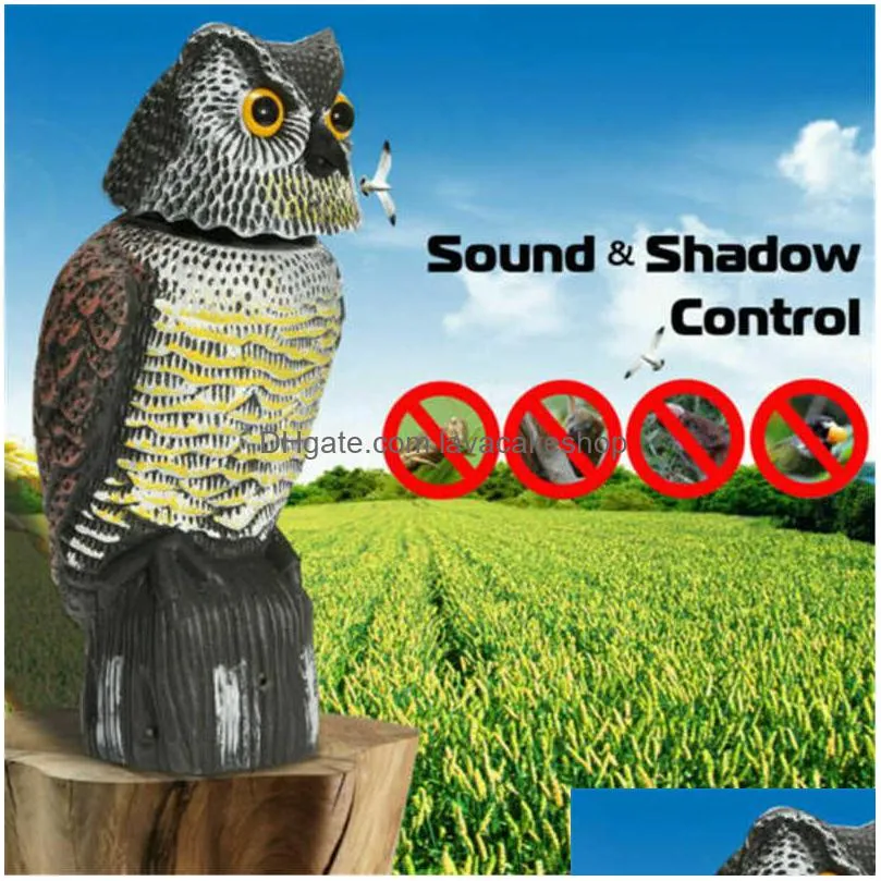 realistic bird scarer rotating head sound owl prowler decoy protection repellent pest control scarecrow moving garden decor q0811