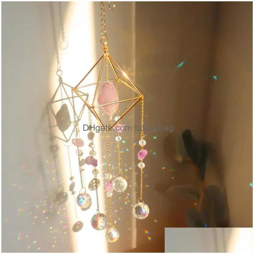 garden decorations crystal light catching jewelry pendant wind chime diamond ab colored lighting ball bead frame natural stone