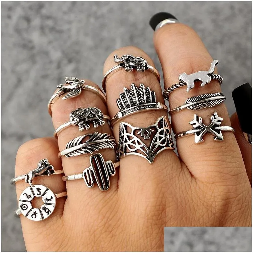  20 styles retro diamond crystal ring set mermaid crown gem hollow personality diy women jewelry wholesale ring