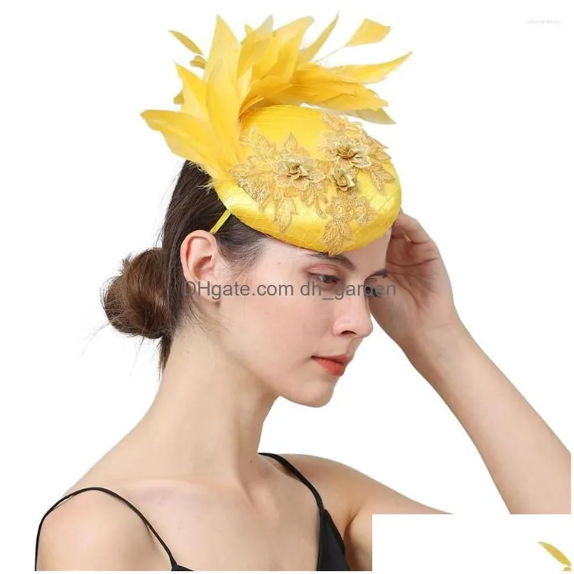 Other Fashion Accessories Headpieces Women Wedding Yellow Hat Bridal Ladies Fascinators Headband With Fancy Feather Party Te Dhgarden Dhohd