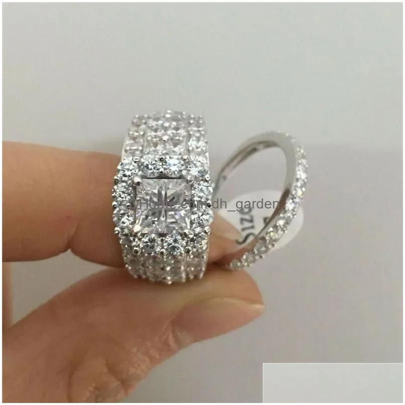 huitan gorgeous women wedding 2pcs/set bling cubic zirconia female double stackable rings party trendy jewelry