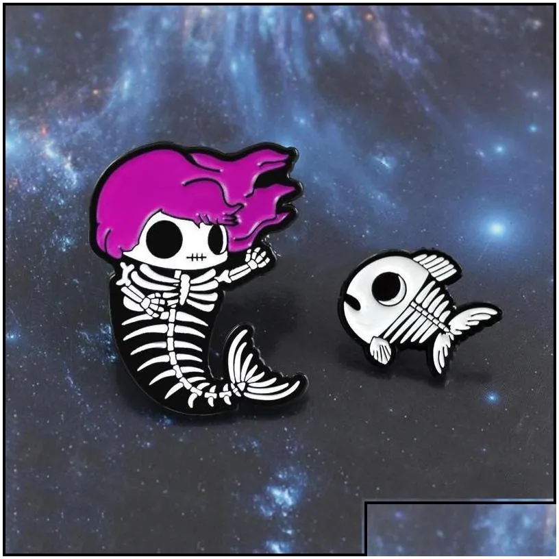 pins brooches mermaid pins skeleton fishbone brooch purple hair fish bone kids enamel badge 1476 d3 drop delivery jewelry dhgarden