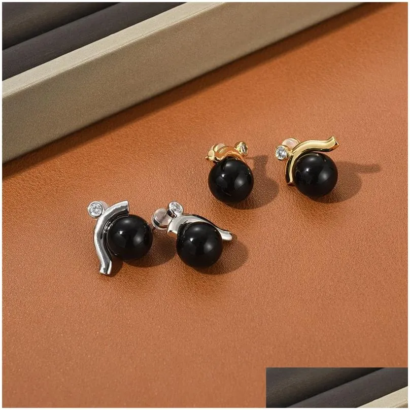 Stud New Summer French Niche Design Stud Black Agate Earrings 925 Sier Needles Simple Fashion All-Match Jewelry Gift Accessories Drop Dhh5Y