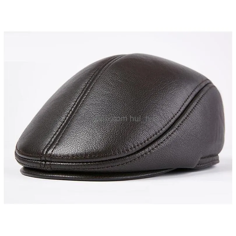 berets h7591 genuine leather beret hat men middle-aged goatskin cap fall winter forward caps ear protective warm casual hats