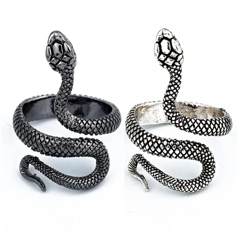 Band Rings Retro Punk Snake Ring For Men Women Exaggerated Antique Siver Color Fashion Personality Stereoscopic Opening Adjustable Dro Dhwst