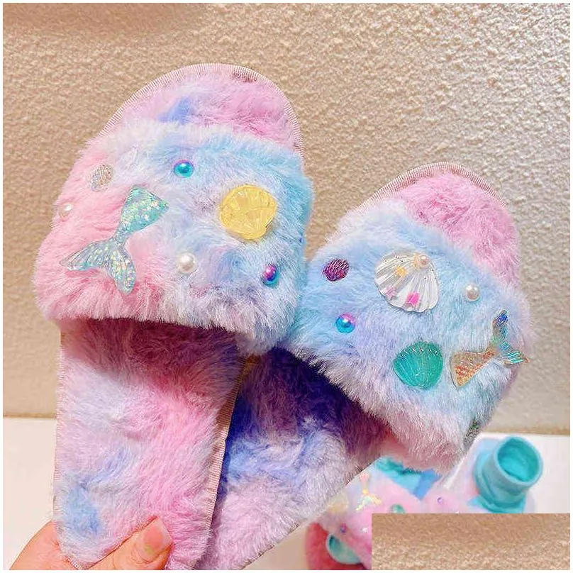 women slippers hd9375a15 color dreamy gradient mermaid pearl shell ins girl out personalized wool 0718