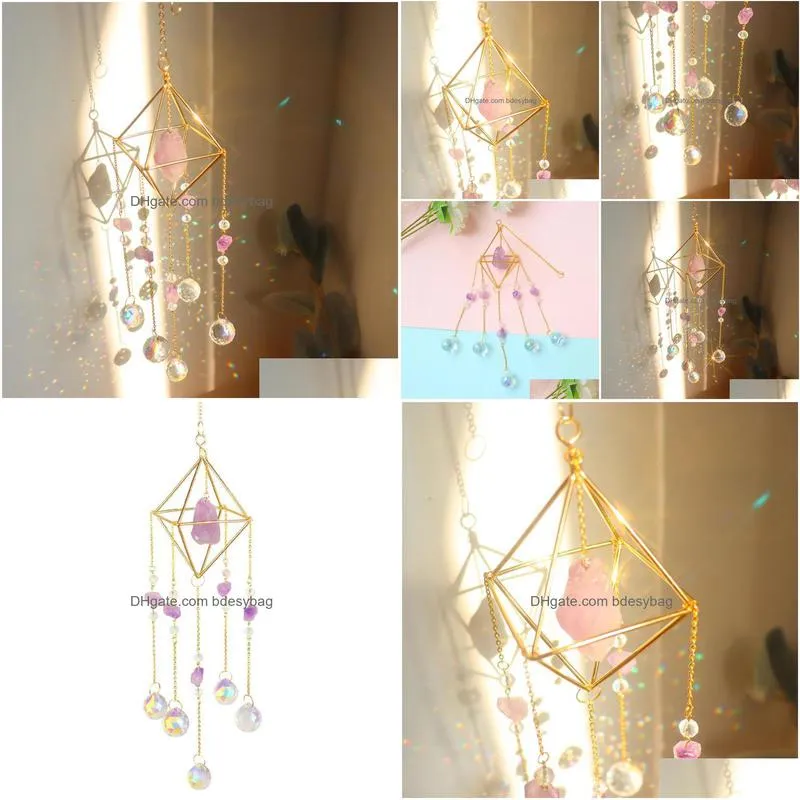 garden decorations crystal light catching jewelry pendant wind chime diamond ab colored lighting ball bead frame natural stone
