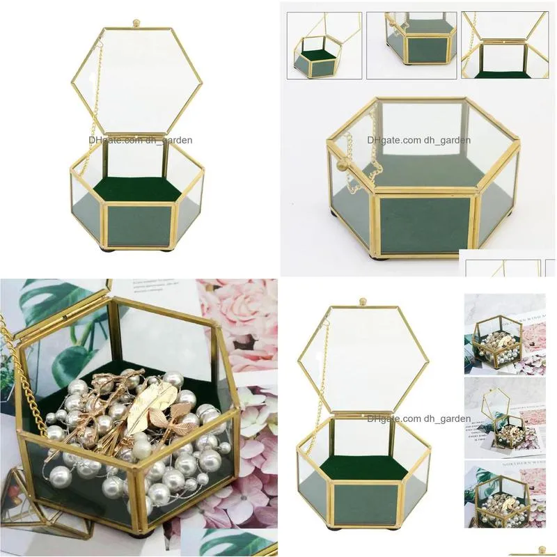 hexagonal clear glass metal decorative slanted top lid shadow box vintage jewelry chest keepsake storage case