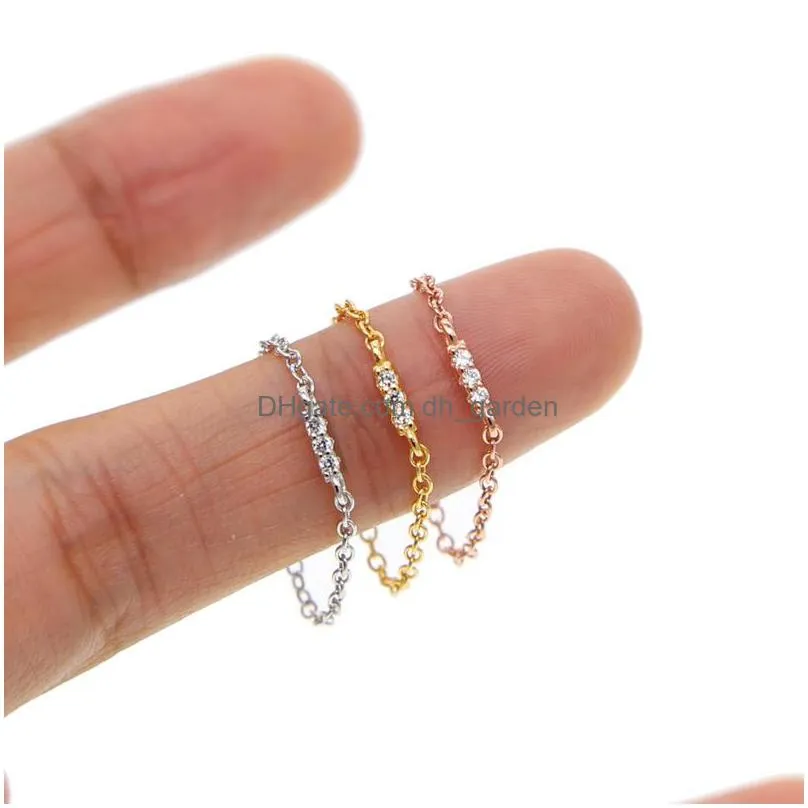 3mm bezel round 5mm three cz bar charm simple chain band 925 sterling silver ring size 6 7 8