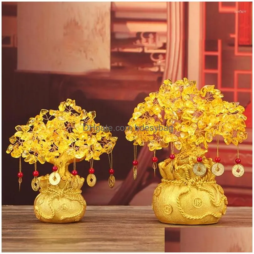 decorative figurines yellow crystal creative citrine lucky tree chinese feng shui money fortune for desktop ornament home decors