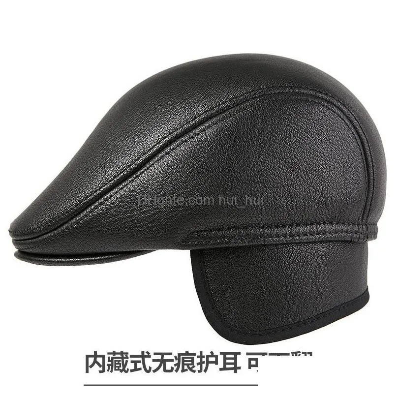 berets h7591 genuine leather beret hat men middle-aged goatskin cap fall winter forward caps ear protective warm casual hats