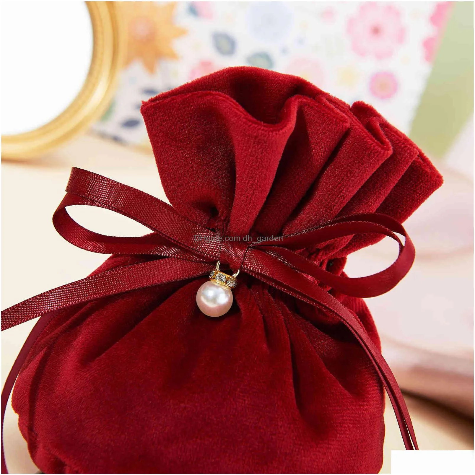 10pcs velvet package drawstring gift bags wedding jewelry packaging pouches with plastic imitation pearl