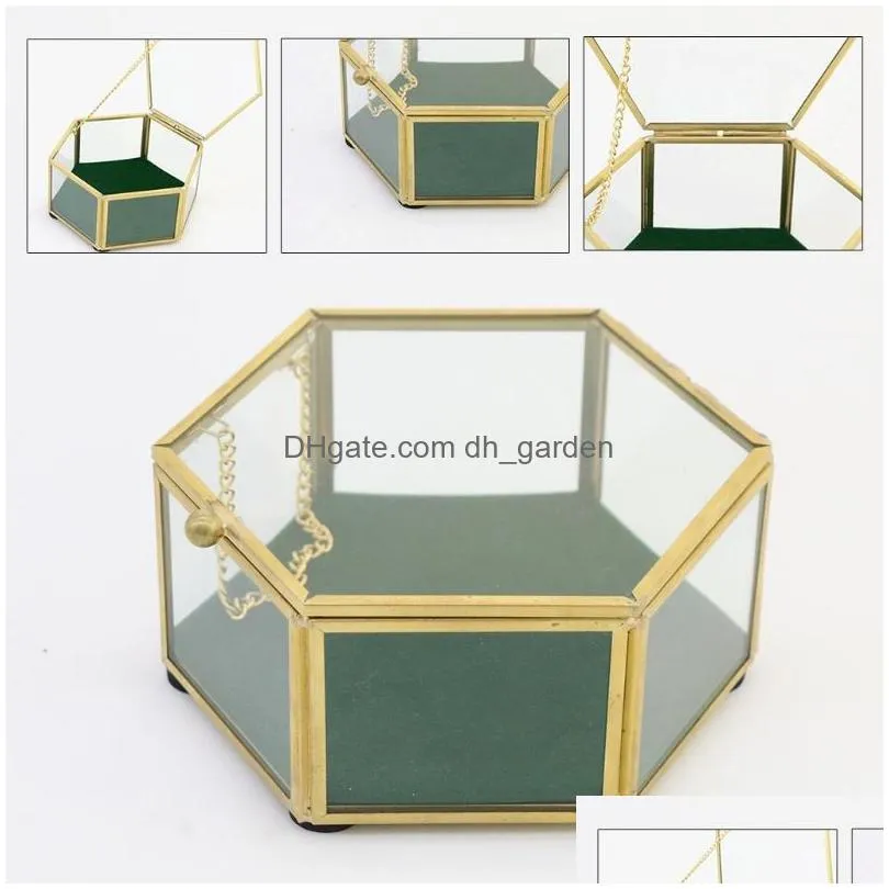 hexagonal clear glass metal decorative slanted top lid shadow box vintage jewelry chest keepsake storage case