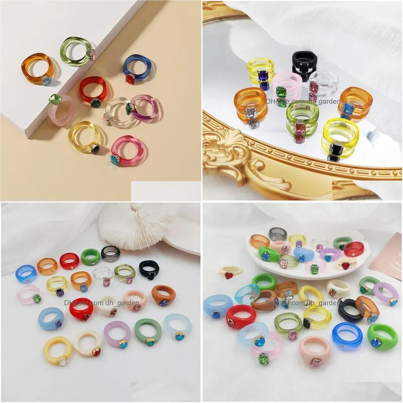 25pcs/lot trendy acrylic resin crystal rings for women transparent colorful girl finger band party gift jewelry