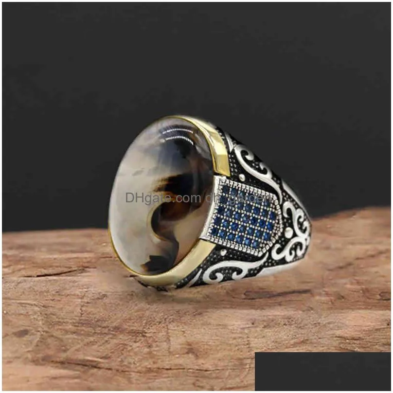 genuine sterling silver antique turkish ring with stone tiger eye mens colorful punk rock jewelry