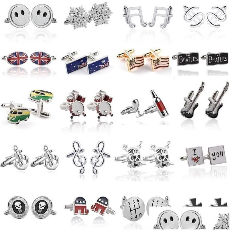 fashion man cufflink designer jewelry funny cuff links alloy skull anchor snowflake elephant innovative silver black gold cufflinks shirts suits accessories