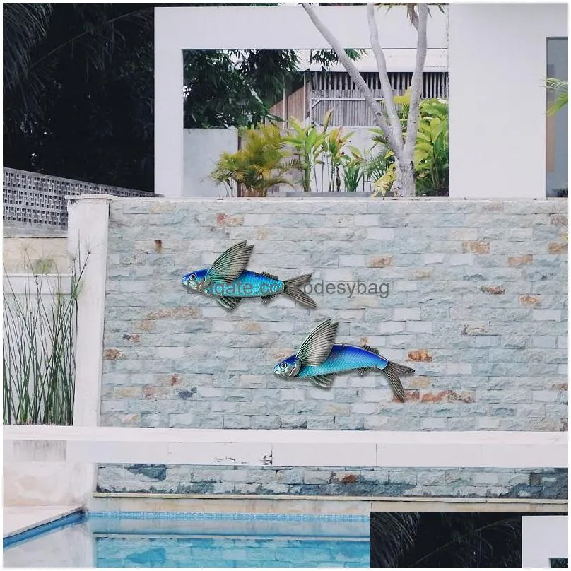 garden decorations 2pcs metal flying fish wall decor sculpture coastal art hanging glass for indoor bathroom outdoor beach living