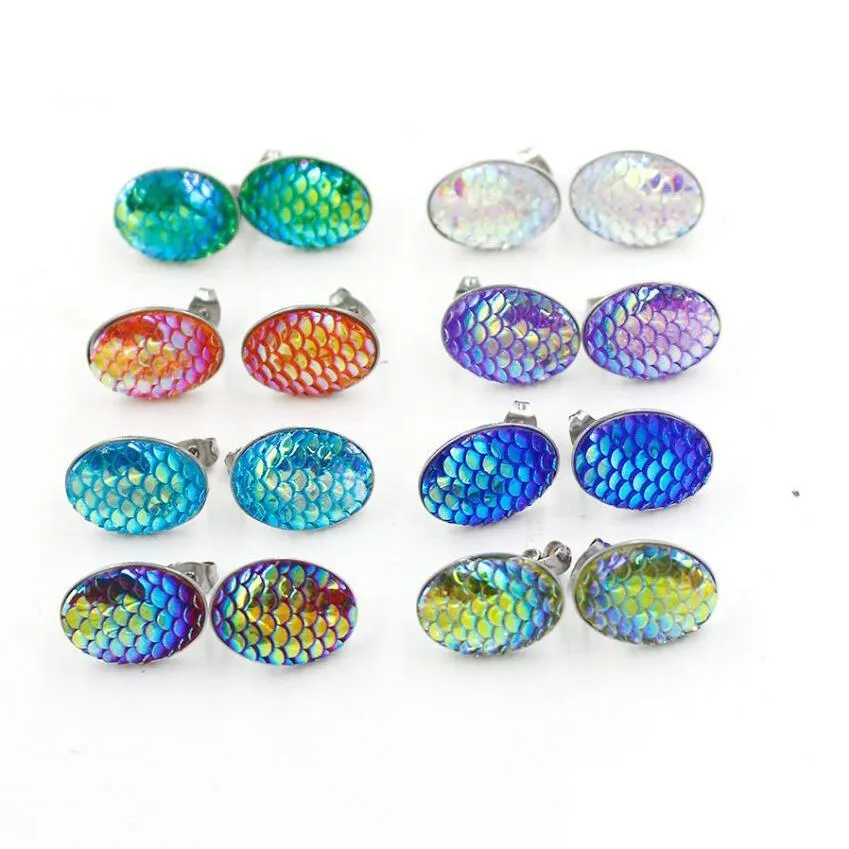 13x18mm oval mermaid fish scale stud earrings stainless steel earings drusy druzy earrings jewelry women party gift dress candy colors