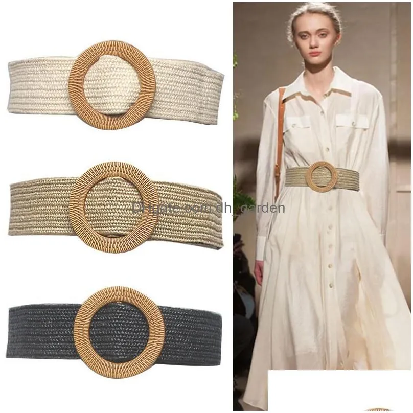 Other Fashion Accessories Belts Vintage Boho Braided Waist Belt Summer Solid Female Round Wooden Smooth Buckle Fake St Wide Dhgarden Dhxpt