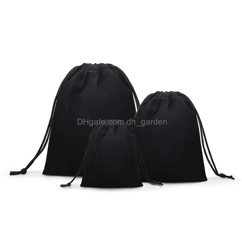 100pcs / lot velvet black 3 sizes jewelery gift bags brace strap pouches whole10x12cm 7x9cm 5x7cm