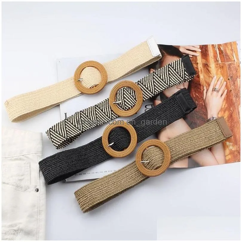 Other Fashion Accessories Belts Vintage Boho Braided Waist Belt Summer Solid Female Round Wooden Smooth Buckle Fake St Wide Dhgarden Dhxpt