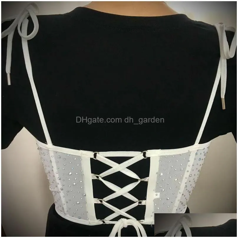 Other Fashion Accessories Belts Xingqing Women Rhinestone Cummerbunds Y Fishbone Shape Sleeveless Vest Lace-Up See-Through W Dhgarden Dhwru